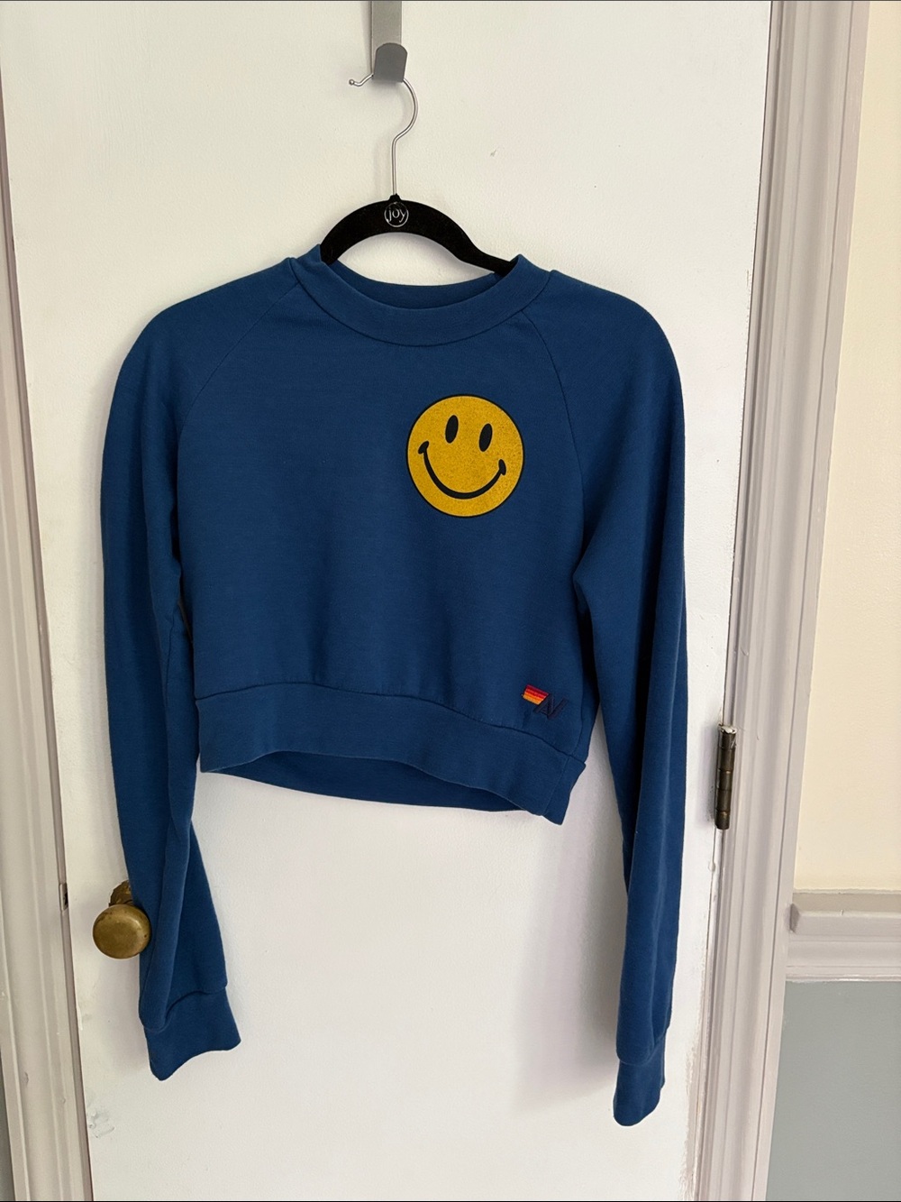Aviator Nation Blue Cropped Crewneck Sweatshirt with Yellow Smiley